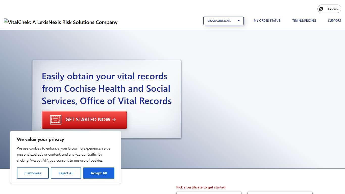 Cochise Health and Social Services, Office of Vital Records (AZ) Order Certificates - VitalChek